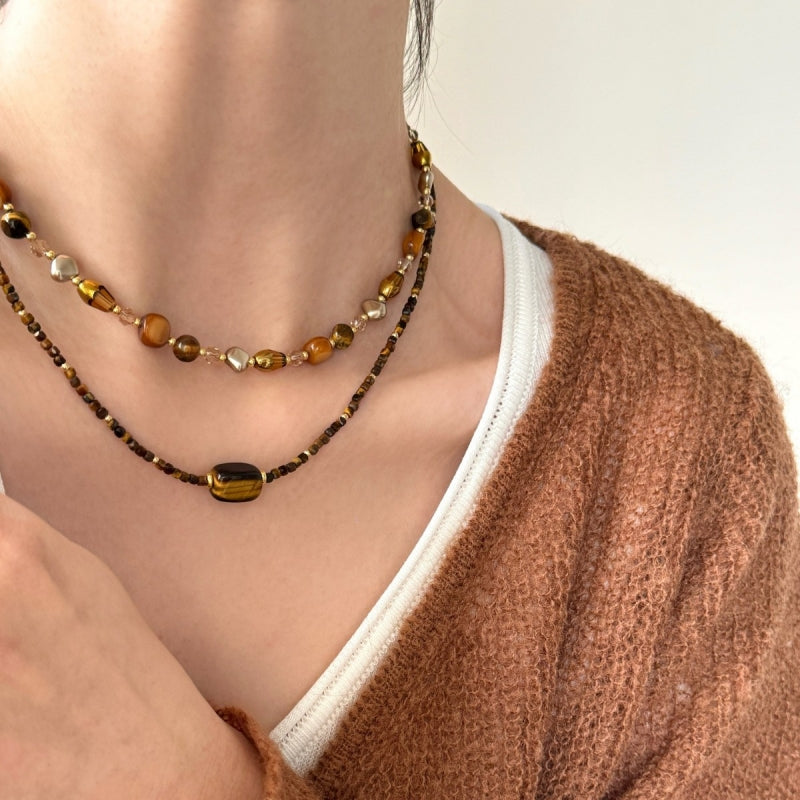 Tiger Eye Necklace Rhombus and Round Tiger Eye Beaded Necklace LBY196