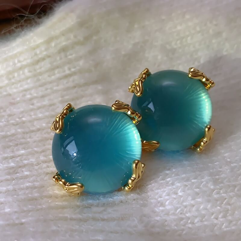 Vintage Stud Earrings Peacock Blue Glazed Round Stud Earrings 