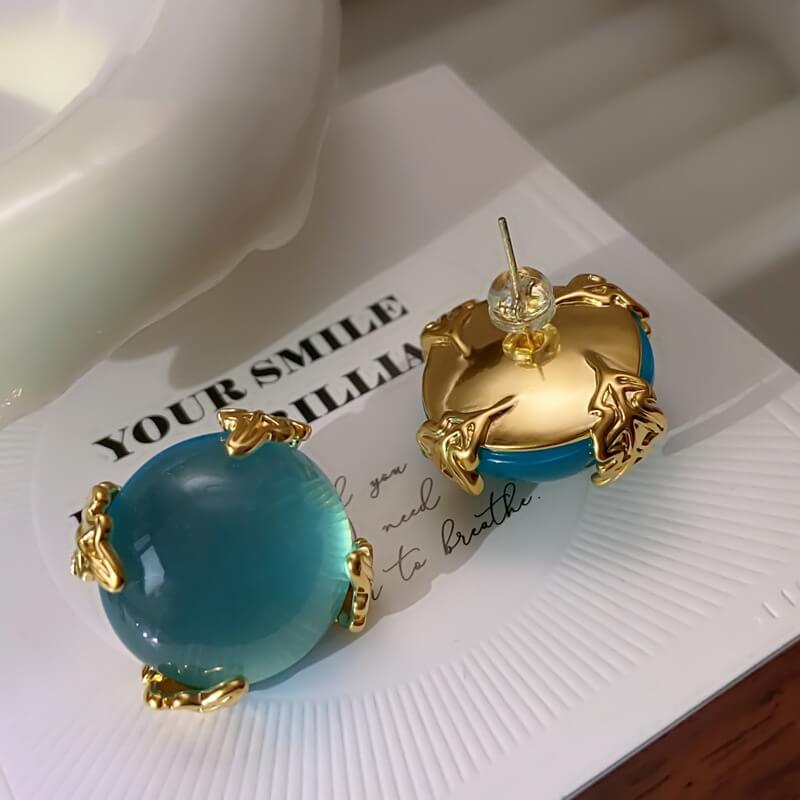 Peacock Blue Glazed Round Stud Earrings 