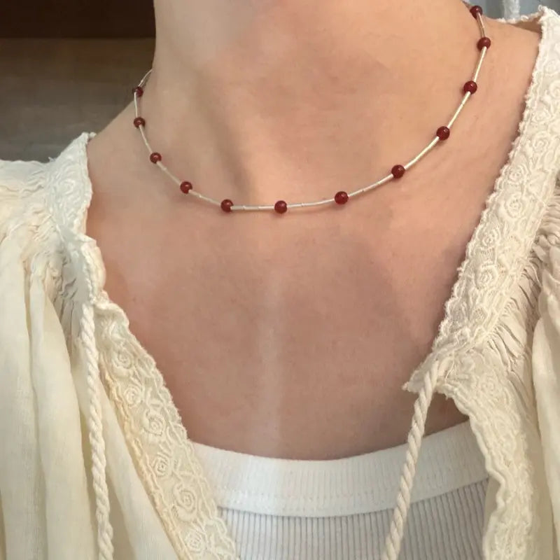  Red Agate Bead Necklace,